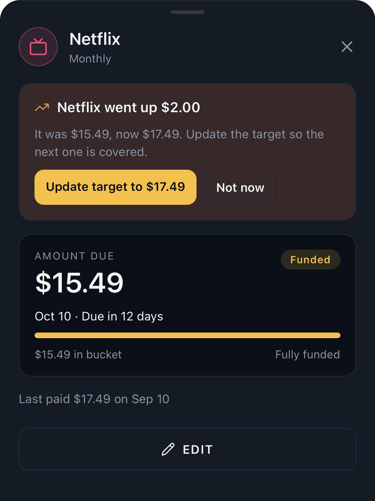 Netflix bill with a price-hike notice